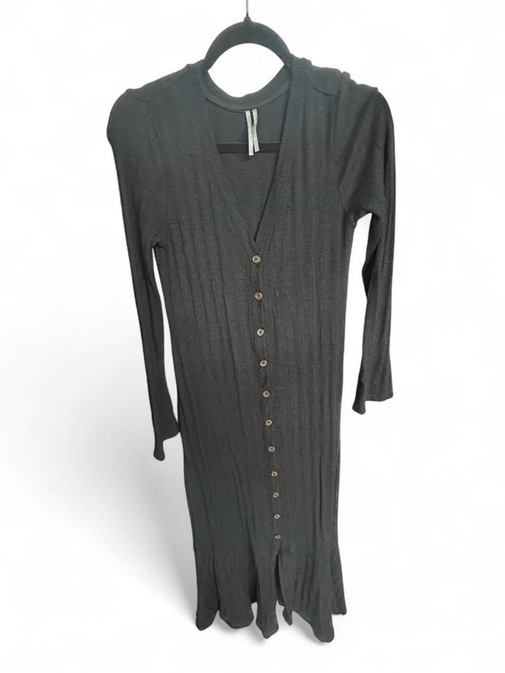 Black Ribbed Button-Front Long Cardigan - Picture 2 of 7